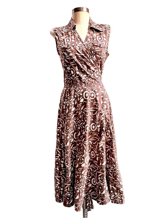 Dick & Jayne Dresses & Skirts - 100% Cotton Floral Sleeveless Brown & White Full Skirt Wrap Sun Dress Y2K